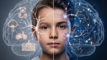 Retrato dividido de niño y adolescente, con cerebro de fondo, redes neuronales luminosas, oso, árbol, bicicleta, escuela y estructuras moleculares.