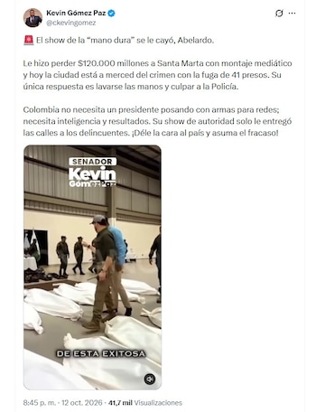 "¡Déle la cara al país y asuma el fracaso!" le dijo el senador Kevin Gómez Paz (del Pacto Histórico) al presidente Abelardo de la Espriella - crédito @ckevingomez/X