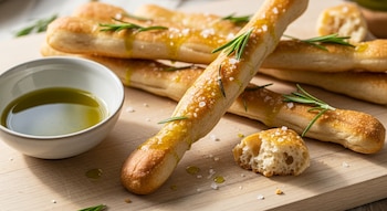 Primer plano de bastones de masa madre dorados con aceite de oliva, romero y sal marina sobre una tabla de madera. Un cuenco con aceite y un trozo de pan roto.