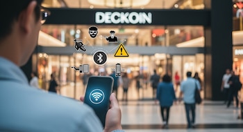 Hombre de espaldas sostiene un móvil con WiFi y Bluetooth desactivados, frente a un centro comercial concurrido. Iconos de amenazas digitales lo rodean.