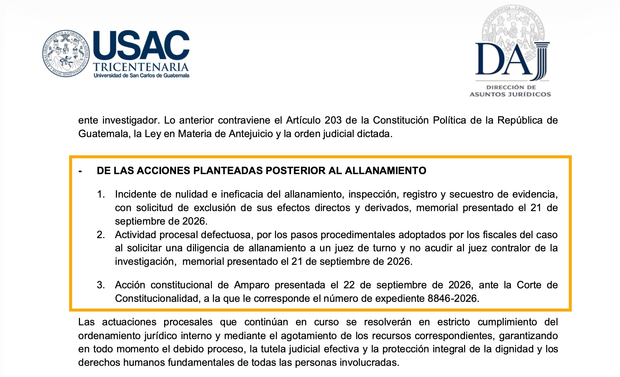 El Consejo Superior Universitario presentó la acción de amparo número 8846-2026 ante la Corte de Constitucionalidad. (Acta DAJ No. 1322-2026 de la Usac)