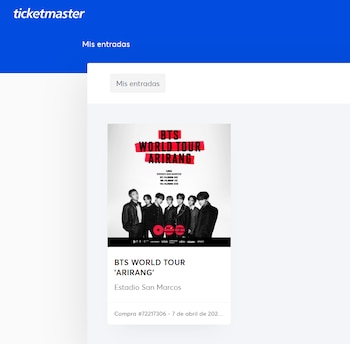 Interfaz web de Ticketmaster que muestra una entrada digital para un concierto del grupo BTS en Lima con fechas y código de compra