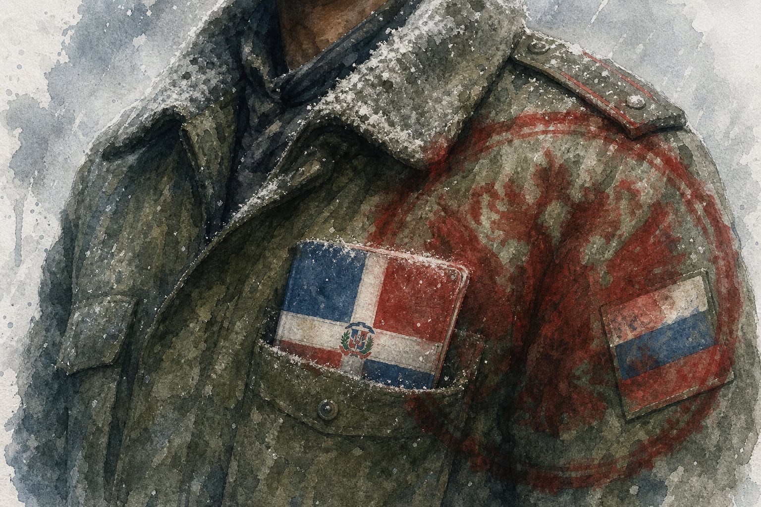 Un pasaporte con la bandera dominicana en el bolsillo de un uniforme militar ruso de invierno ilustra el reclutamiento de extranjeros en las Fuerzas Armadas de Rusia. (Imagen Ilustrativa Infobae)