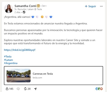 Anuncio de Samantha Conti en redes sociales confirma el inicio de la búsqueda de talento local para Tesla en Argentina