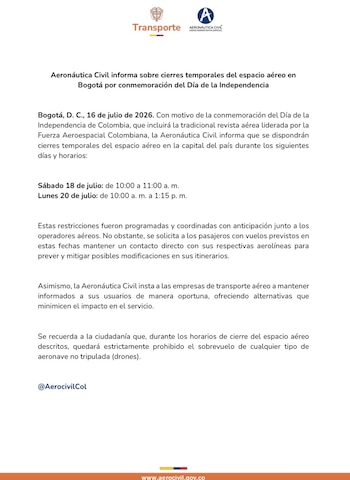 La entidad recordó que quedará estrictamente prohibido el sobrevuelo de cualquier tipo de aeronave no tripulada (drones) - crédito Aerocivil