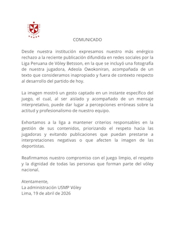 El firme comunicado de la USMP Vóley.