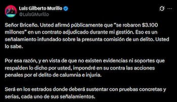 Luis Gilberto Murillo, excanciller y candidato presidencial, publicó en su cuenta de X que emprenderá acciones legales contra el concejal Daniel Briceño - crédito Luis Gilberto Murillo/X
