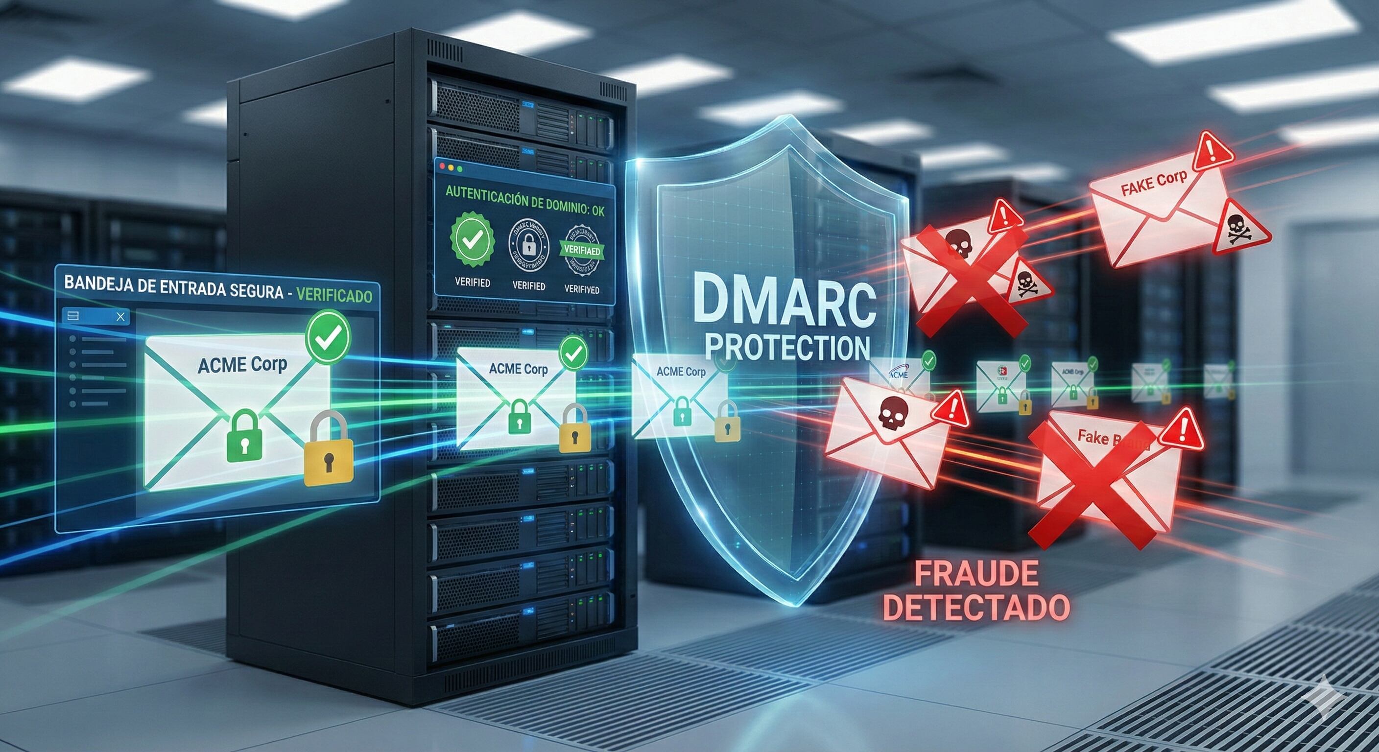 La protección DMARC resguarda servidores de correo electrónico contra ataques de suplantación de identidad, detectando y bloqueando mensajes fraudulentos mientras asegura la autenticidad de comunicaciones legítimas (Imagen ilustrativa / Infobae / Gemini)