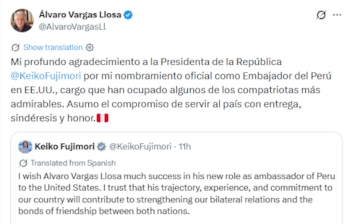 Captura de pantalla de una publicación en la red social X realizada por Álvaro Vargas Llosa sobre un mensaje de Keiko Fujimori