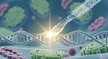 Imagen digital de una doble hélice de ADN siendo cortada por una estructura molecular brillante, con otras formaciones celulares verdes y moradas de fondo.