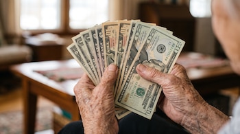 Manos de una persona mayor que sostienen billetes de uno, cinco, diez y veinte dólares estadounidenses en el interior de una sala.