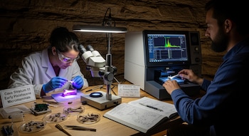 Dos investigadores examinan huesos antiguos: una mujer analiza una muestra bajo un microscopio con luz UV y un hombre utiliza un espectrómetro FTIR en un entorno de cueva.