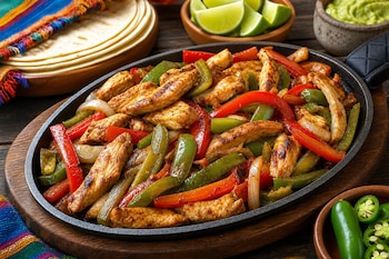 Sartén con tiras de pollo y pimientos asados, acompañada de tortillas de maíz, rodajas de limón, chiles verdes y guacamole.