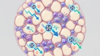 Seção da coluna vertebral do corpo humano com células de gordura claras e macrófagos roxos. A molécula C3 é destacada com uma seta azul para baixo. Um final neutro.