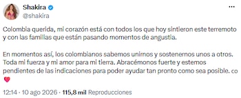 Shakira mandó un mensaje de apoyo tras sismo en Colombia - crédito @shakira/X