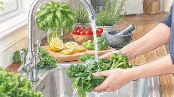 Dos manos lavan vegetales de hoja verde y brócoli bajo un grifo de agua en un fregadero de metal, con limones, tomates, albahaca y romero en el mostrador.