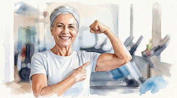 Ilustración acuarela de una mujer mayor sonriente, de pelo gris con una cinta, vestida con camiseta blanca, flexionando el bíceps derecho.