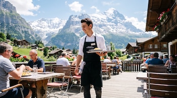 Un camarero con delantal negro lleva una bandeja con comida en una terraza de madera con clientes y montañas nevadas al fondo.