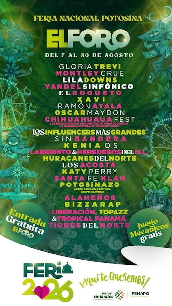 Póster de FENAPO 2026 con fondo verde oscuro y arte prehispánico, mostrando fechas y un cartel de artistas como Gloria Trevi, Katy Perry, Bizarrap