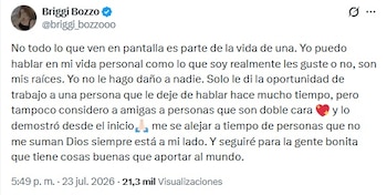 Mensaje de Briggitte Bozzo en X (Captura de pantalla)