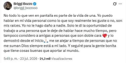 Mensaje de Briggitte Bozzo en X (Captura de pantalla)