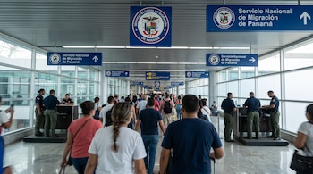 Un hall de aeropuerto con multitudes de pasajeros caminando, agentes uniformados de migración, y varios carteles azules del Servicio Nacional de Migración de Panamá.