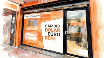 Pintura en acuarela de la fachada de una casa de cambio con letreros que anuncian el cambio de Dólar, Euro y Real, junto a sus horarios de atención.