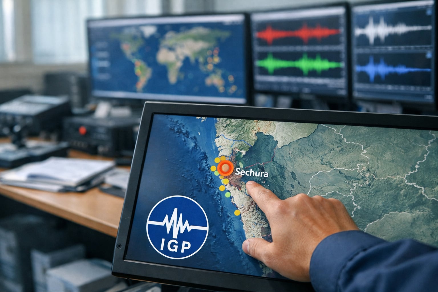 El Instituto Geofísico del Perú (IGP) monitorea la actividad sísmica en una sala de control, donde una mano señala el área de Sechura en la región Piura en una pantalla que presenta datos en tiempo real. (Imagen Ilustrativa Infobae)