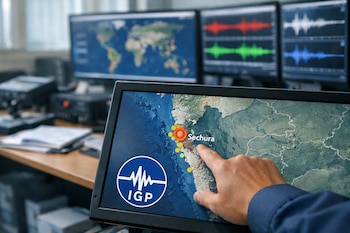 Una mano apunta a una pantalla que muestra un mapa con la ubicación de Sechura y el logo IGP. Tres monitores al fondo exhiben mapas y gráficos de ondas de colores.