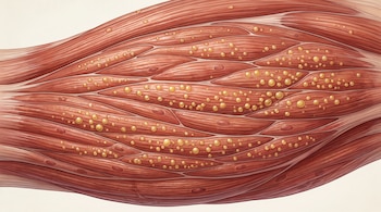 Ilustración de fibras musculares rojas con pequeñas esferas amarillas distribuidas entre las capas del tejido.