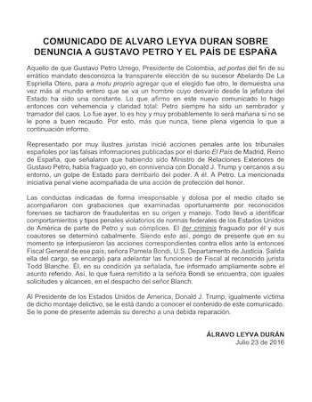 Comunicado Álvaro Leyva - crédito @AlvaroLeyva/X