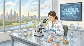 Una científica con bata y guantes manipula muestras en un laboratorio con microscopio, frascos con etiquetas PFAS, alimentos y una pantalla con una molécula. Ventana con ciudad, río y fábrica.