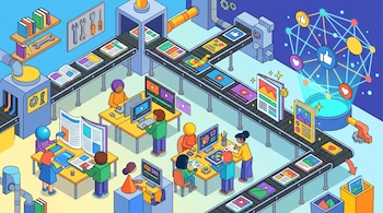 Dibujo isométrico de personas en escritorios con computadoras y cintas transportadoras que llevan gráficos, videos y símbolos de redes sociales.