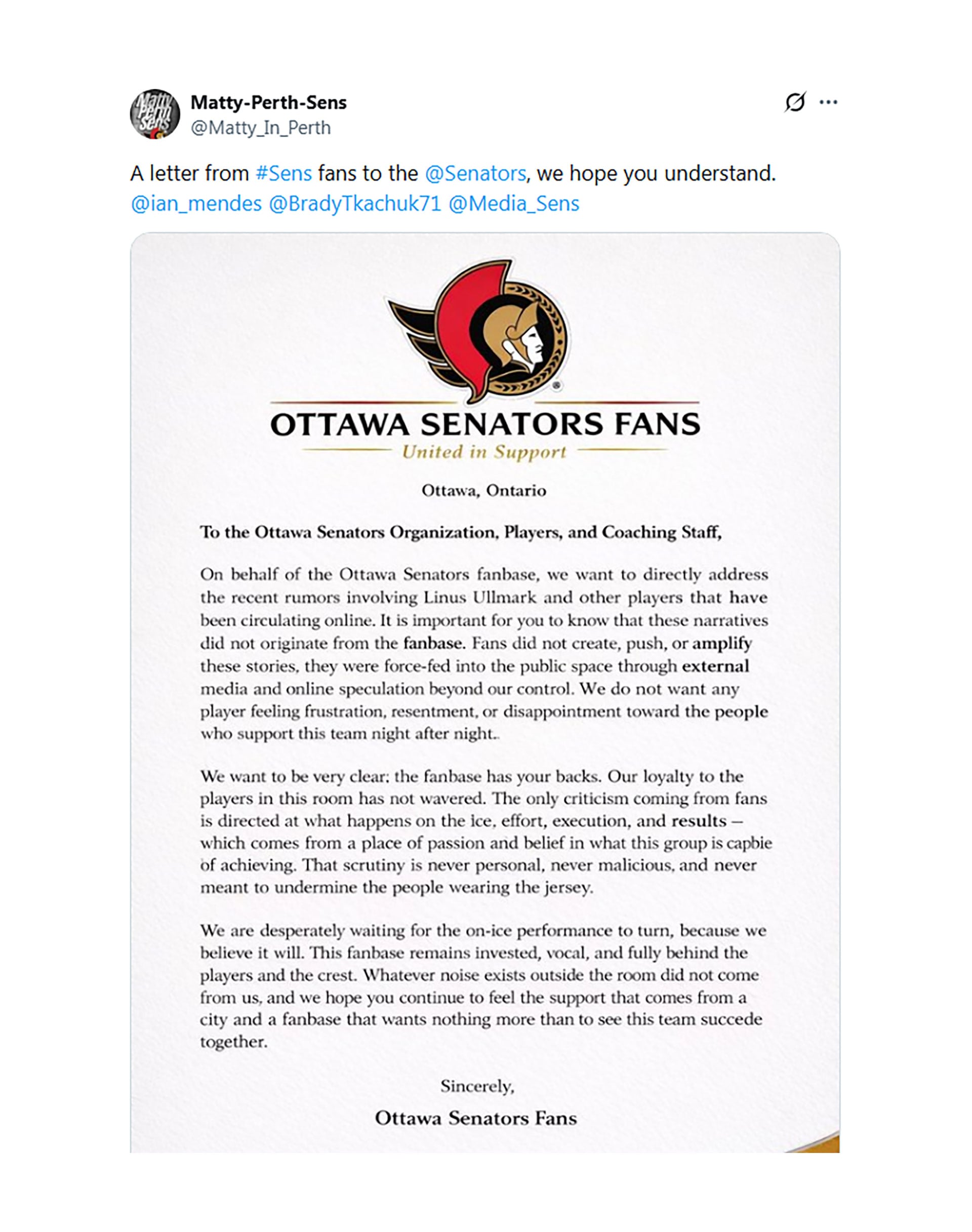 El comunicado de los aficionados de los Senators