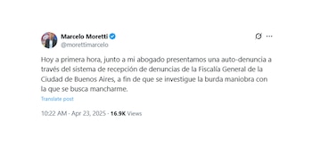 El tuit de Moretti anunciando