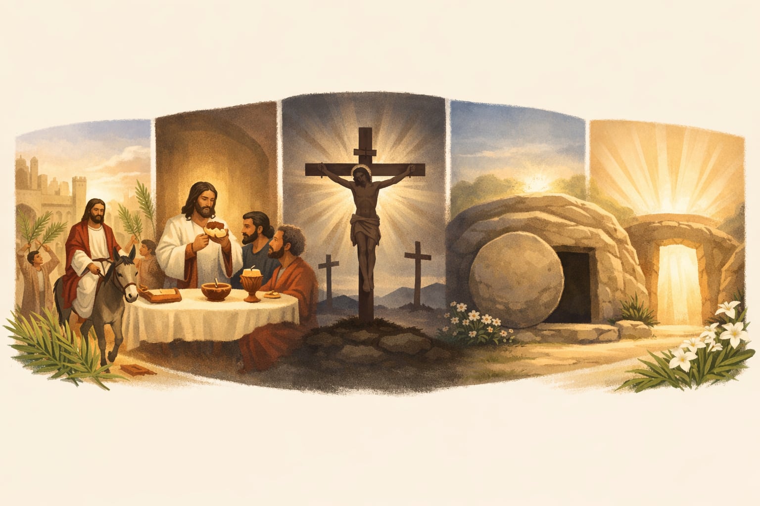 Momentos clave de la Semana Santa: desde la entrada de Jesús a Jerusalén hasta su crucifixión y gloriosa resurrección, simbolizando la fe cristiana (Imagen ilustrativa Infobae)