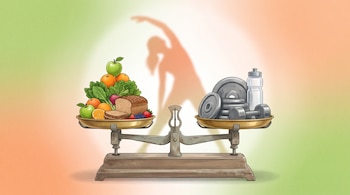 Balanza de dos platos con frutas, verduras, pan en un lado y pesas de gimnasio, botella de agua en el otro. Silueta de persona estirándose.