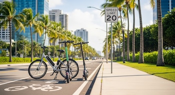Bicicleta eléctrica y dos monopatines eléctricos en carril bici. Señal de límite de velocidad 20 millas por hora. Palmeras, edificios modernos y acera.