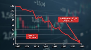 Gráfico de línea del Índice CIEN mostrando un descenso de 100 (Enero 2020) a 70,75 (Mayo 2026) hasta 2027, con ejes y etiquetas de datos.
