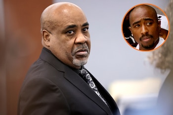 Hombre afroamericano con traje oscuro y corbata mira a un costado, con un recuadro circular que muestra el rostro de Tupac Shakur