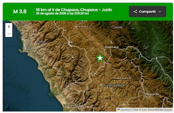 Mapa satelital con un encabezado verde sobre un sismo de magnitud 3,8 y una estrella verde que marca la ubicación del epicentro en Perú