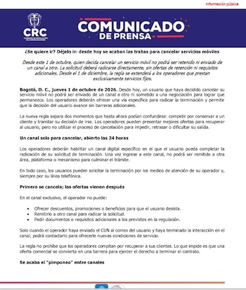 La Comisión de Regulación de Comunicaciones obliga a los operadores de telefonía móvil en Colombia a permitir la cancelación de contratos sin transferencias ni retenciones desde el 1 de octubre de 2026 - crédito CRC