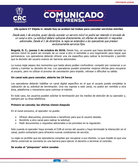 La Comisión de Regulación de Comunicaciones obliga a los operadores de telefonía móvil en Colombia a permitir la cancelación de contratos sin transferencias ni retenciones desde el 1 de octubre de 2026 - crédito CRC