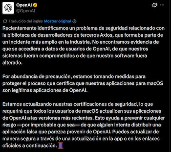 OpenAI le pide a los usuarios de Mac actualizar sus aplicaciones.