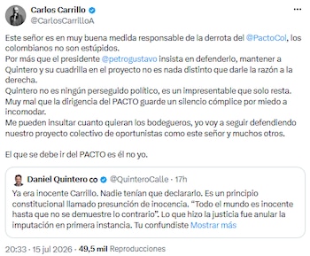 Carlos Carrillo responsabilizó a Daniel Quintero por la derrota del Pacto Histórico y pidió su salida del partido - crédito @CarlosCarrilloA/X