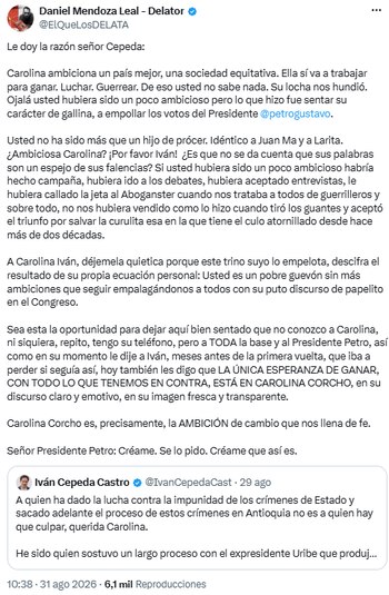 “La única esperanza está en Carolina Corcho”, asegura Daniel Mendoza en mensaje dirigido al expresidente Petro - crédito @ElQueLosDELATA/X