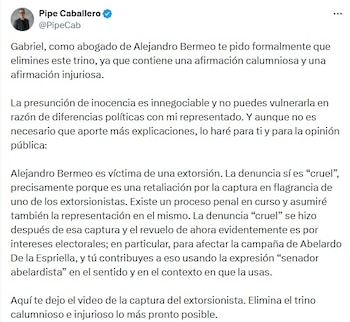 Abogado de Alejandro Bermeo rechazó acusación en contra el senador electo por abuso sexual - crédito @PipeCab/X