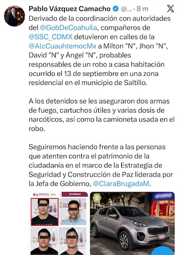 Robaron tres millones y medio de pesos de una casa en Saltillo y caen en la CDMX tras persecución. SSC