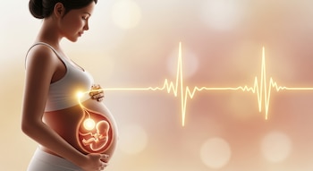 Ilustración de perfil de una mujer embarazada. Un pulso dorado fluye de su pecho al abdomen, donde un feto está iluminado por una luz. Fondo cálido y difuso.