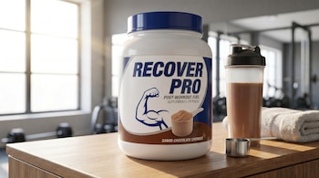 Un bote blanco de suplemento "Recover Pro" con tapa azul, un vaso mezclador con líquido marrón, una cuchara dosificadora y una toalla sobre una mesa de madera en un gimnasio iluminado.